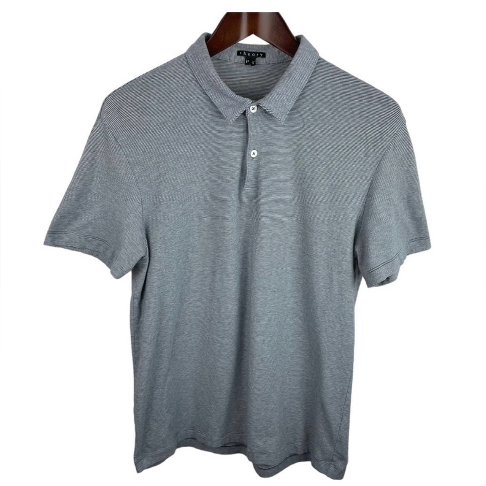 Men’s Theory Blue/Gray White Micro Stripe Cotton Polo Shirt